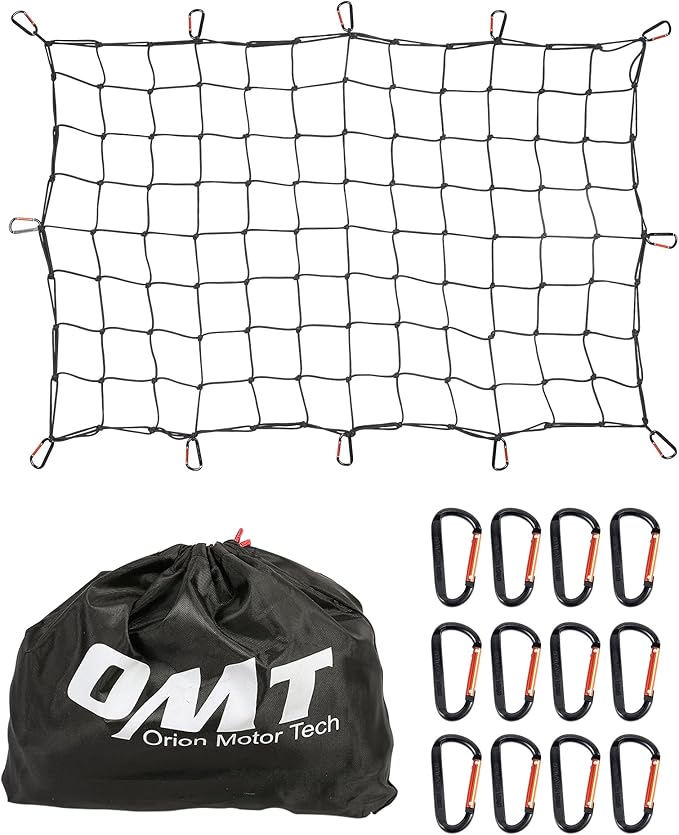 Orion Motor Tech Heavy Duty Cargo Net, 3' x 4' Bungee Cord Net Stretches to 6' x 8' for Pickups SUVs Vans Semis, Truck Bed Roof Rack Trailer Netting with Handmade Knotting 12 Carabiners Storage Bag