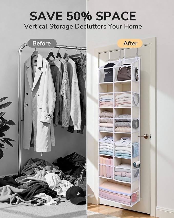 ULG Over the Door Organizer, 6-Tier Hanging Storage with Clear Windows, 19 Pockets for Closet,Bathroom & Nursery Door Organiz