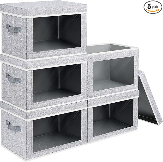 Homsorout Storage Box with Lids - 5 Pack Foldable Clear Window Storage Bins, Large Decorative Storage Bins with Handles, Stor