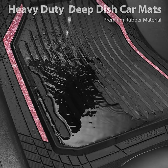 CAR PASS Pink Heavy Duty Rubber Floor Mats for Car, Waterproof Liner Deep Dish Bling Car Mats Full Sets, Universal Trim to Fit for SUV Truck Sedans Vans, All Weather Floor Mats, Pink Sparkly