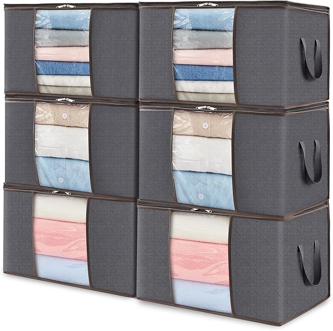 Lifewit 6 Pack Clothes Storage Bins with Lids, Foldable Blanket Storage Bags with Zippers, Clear Window and Reinforced Handle