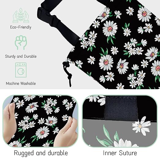 White Daisy Car Garbage Bag,Waterproof Small Car Trash Bag Hanging Back of Seat,Drawstring Hanging Car Trash Bag with Adjustable Buckle for Car Accessories