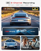 4K 3-Channel Dash Cam Front and Rear with Cabin, STARVIS 2 Sensor, Dash Camera for Cars with WiFi 6, G-Sensor, Loop Recording