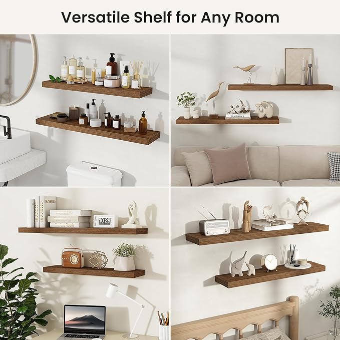 Fun Memories Rustic Wood Floating Shelves for Wall, Space-Saving Wall Mounted Shelves for Bathroom, Bedroom, Living Room and 