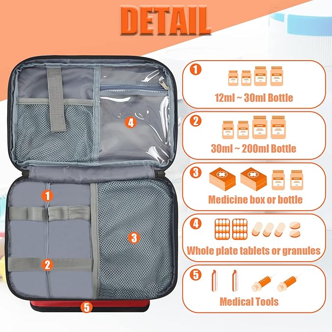 GDNasist Medicine Storage Bag, Pill Bottle Organizer for Emergency, Medicine Box Empty with Small Portable Pouch, First Aid B