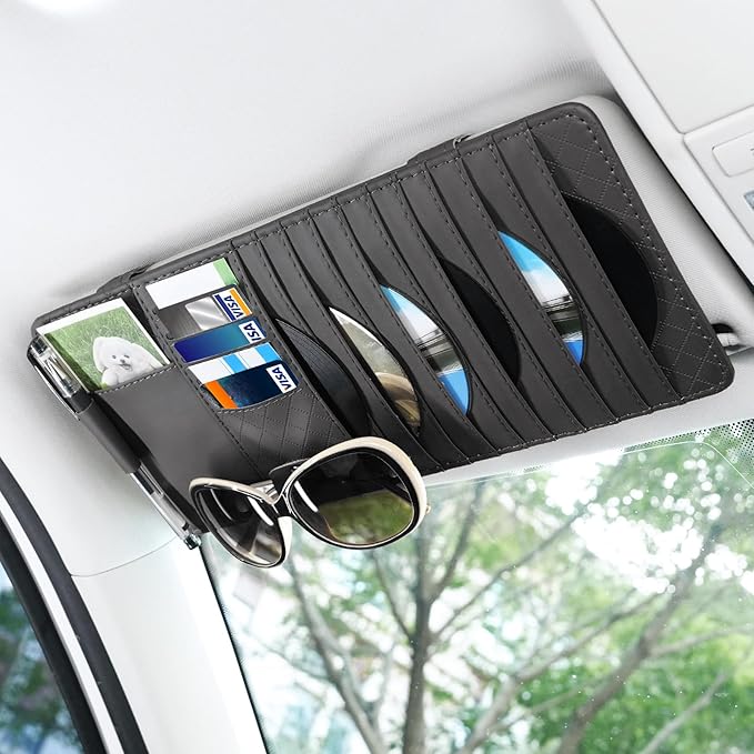alpmosn Sun Visor CD Case Holder for Car - Multi-Function Visor Organizer with CD/DVD Storage, Eyeglass Clip, Card Slots & Pen Holder, Durable Leather Car Accessories (Black)