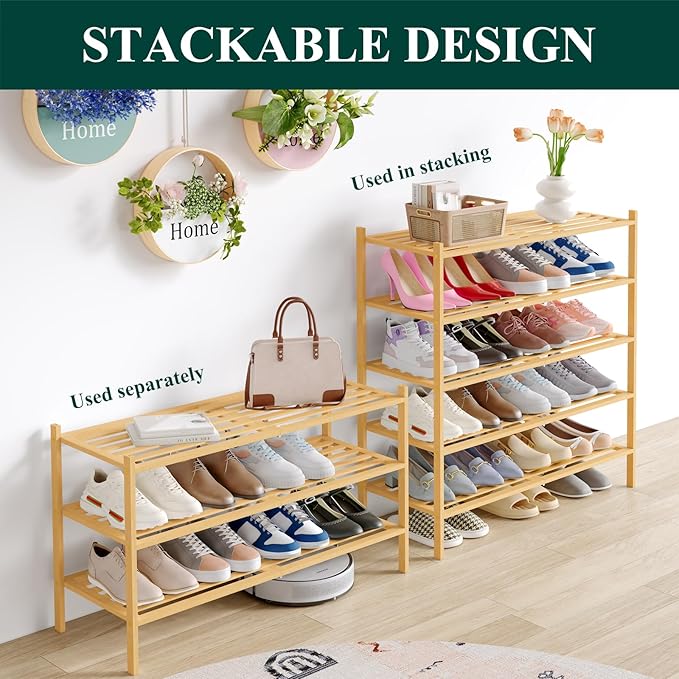 Smiry Long Bamboo Shoe Rack 6-Tier, Stackable Wooden Shoe Organizer for Entryway & Closet, Free Standing Wood Shoe Storage Sh