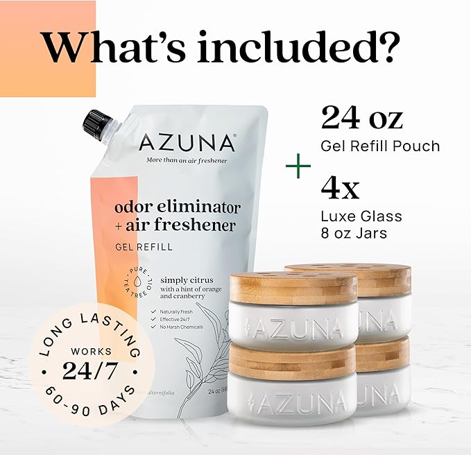 Azuna Air Freshener & Odor Eliminator for Strong Odor | 4 Room Kit Includes (4) Empty Luxe Glass Jar & 24oz Gel Refill with T