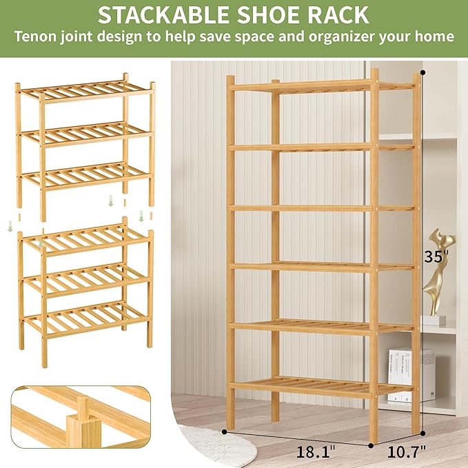 ROMGUAR CRAFT 6-Tier Bamboo Small Shoe Rack, Free Standing Wood Shoe Shelf Storage Organizer for Closet Entryway Stackable (N