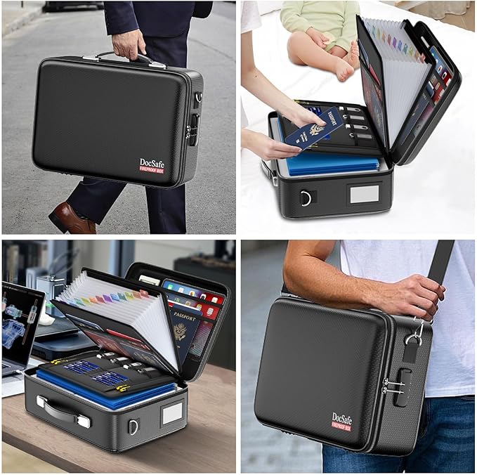DocSafe Fireproof Document Box with Lock＆Shoulder Strap, Hard-Shell Case File Organizer with Accordion File Folder, Multi-Lay