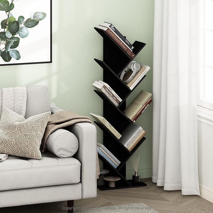 Furinno TREE Book Shelf, 9-Tier Bookshelf, Tree Bookcase with Angled Open Shelf, 8.4 x 15.7 x 50.9, for Room Decor, for Livin