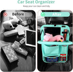 LUCMO Car Backseat Organizer with Tablet Holder-2 Pcs,6 Storage Pockets Car Storage Organizer with Foldable Food Tray,Protectors Kick Mats Travel Accessories-Light Blue