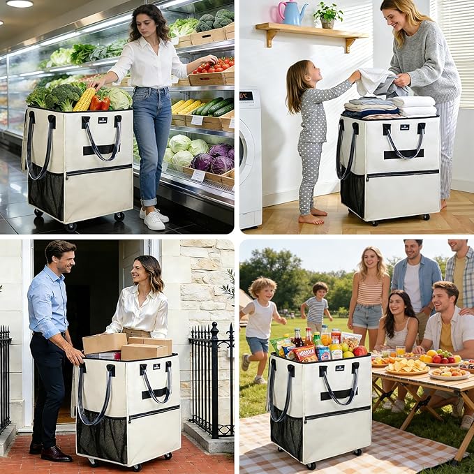 Large Reusable Grocery Bag On Wheels, 130L Foldable Rolling Tote with 5 Wheels, Multiple Pockets, Zippered Top & Heavy Duty Handle, Lightweight Shopping Cart for Groceries, Travel, Beige