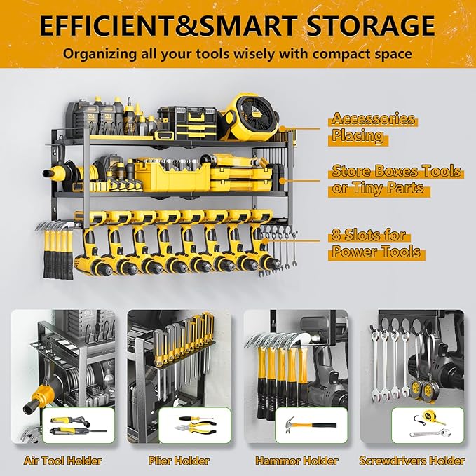 Power Tool Organizer - 3 Layer 8 Drill Holder Wall Mount, Storage Rack for Garage Organization, Large Tool Shelf, Gifts for H