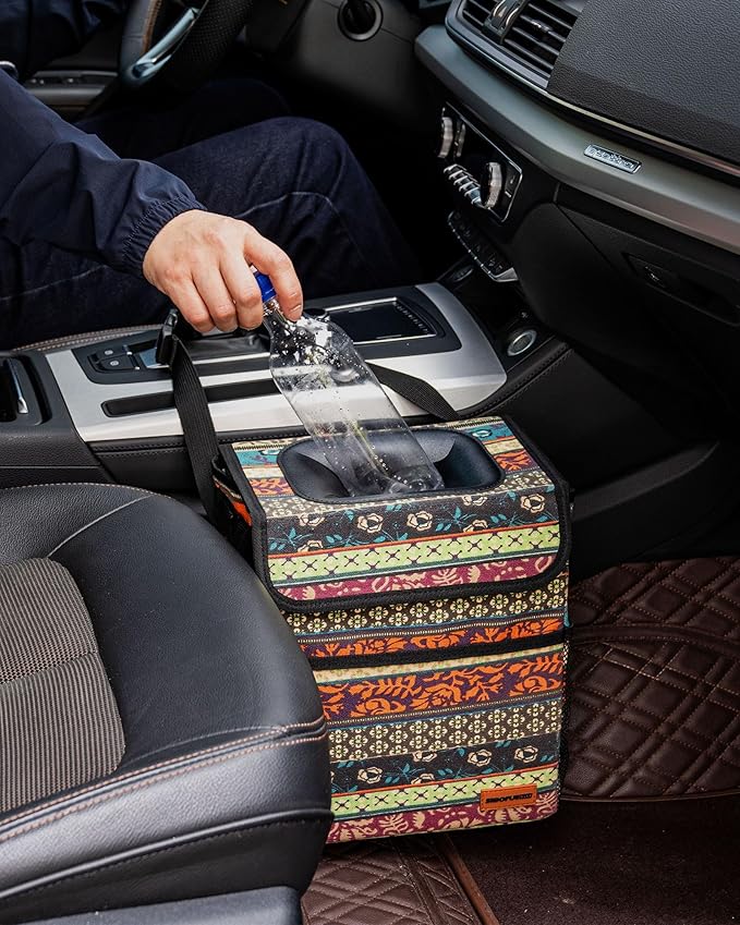 Car Garbage Can Cute - Leak-Proof Car Trash Can with Lid and Storage Pockets, Car Trash Bin for Men and Women, Boho Aztec Essentials: Must-Have Car Interior Accessories (Boho Carnival)