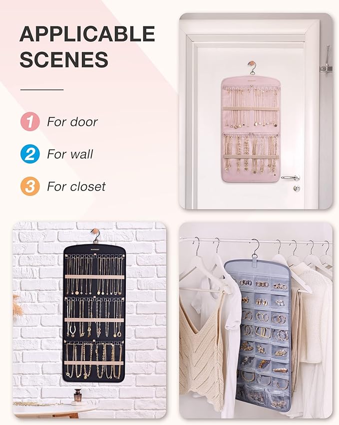BAGSMART Hanging Jewelry Organizer, Necklace Holder Anti-tangle Earrings Rings Hanger with 20 Jewelry Bags Travel Storage Rol