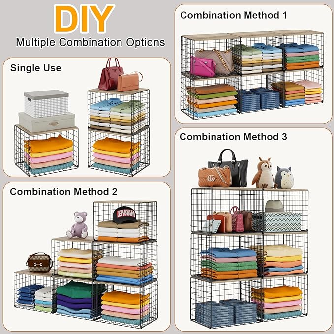 6 Pack Closet Organizers And Storage, Stackable Closet Shelf Organizer Storage Bin Basket For Clothes Sweaters With Top Board