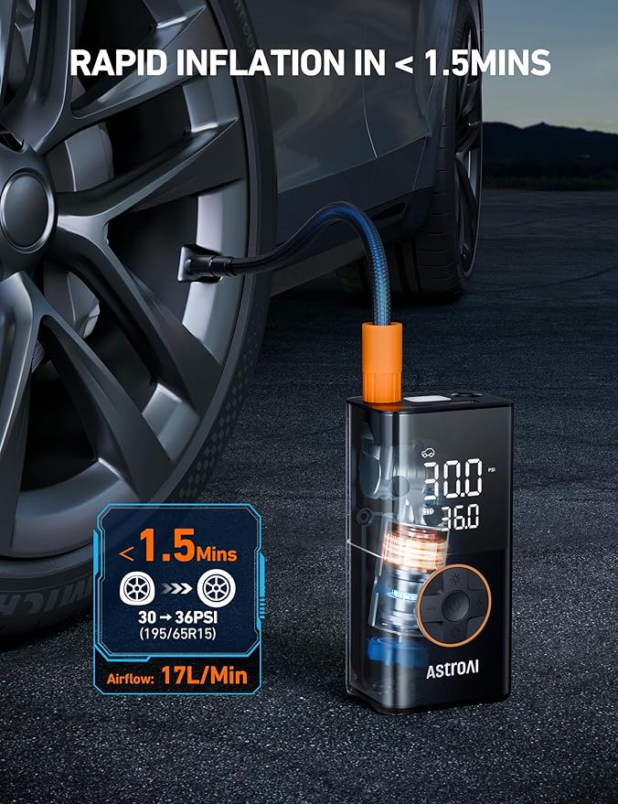 AstroAI L7 Tire Inflator Portable Air Compressor Cordless-2pack Bike Pump with Digital Dual Values Display, 150 PSI Car Tires Pump with LED Lights Air Pump for Cars, Motorcycles, Bikes, Balls Orange