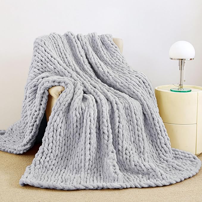 Admitrack Chunky Knit Blanket Throw, 100% Hand Knit Chenille Throw Blanket for Sofa & Home Decor, Soft and Cozy Knitted Throw