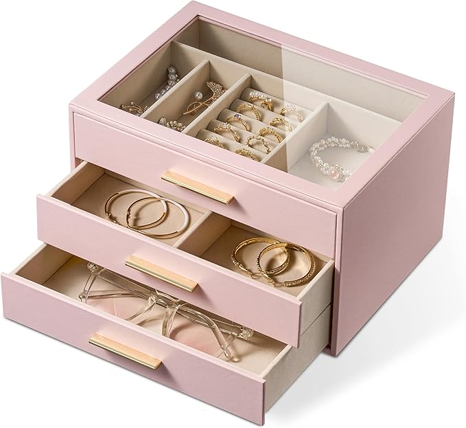 pickpiff Jewelry Box Organizer Case for Women: 3-Layer Jewelry Storage Case with Glass Window, Pink Leather with Velvet Holde