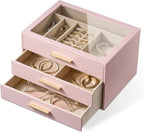 pickpiff Jewelry Box Organizer Case for Women: 3-Layer Jewelry Storage Case with Glass Window, Pink Leather with Velvet Holde