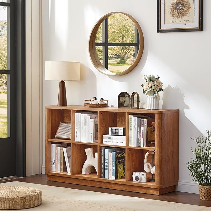 Joaxswe 8 Cube Storage Book Shelf, 52" Long Horizontal Bookshelf with Curved Edge, Floor Standing Wooden Cubby Bookcase with 