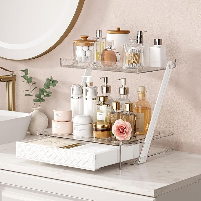Makeup Organizer Countertop with Drawers & Lid, Skincare Organizer for Vanity, Large Cosmetic Organizer & Display Cases and S