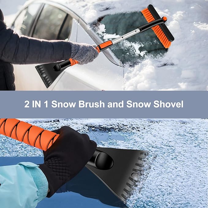 Odoland 2 Pack 33" Extendable Snow Brush with Detachable Ice Scraper for Car Windshield with Foam Grip and 360° Pivoting Brush Head for Christmas Car Auto Truck SUV, Orange