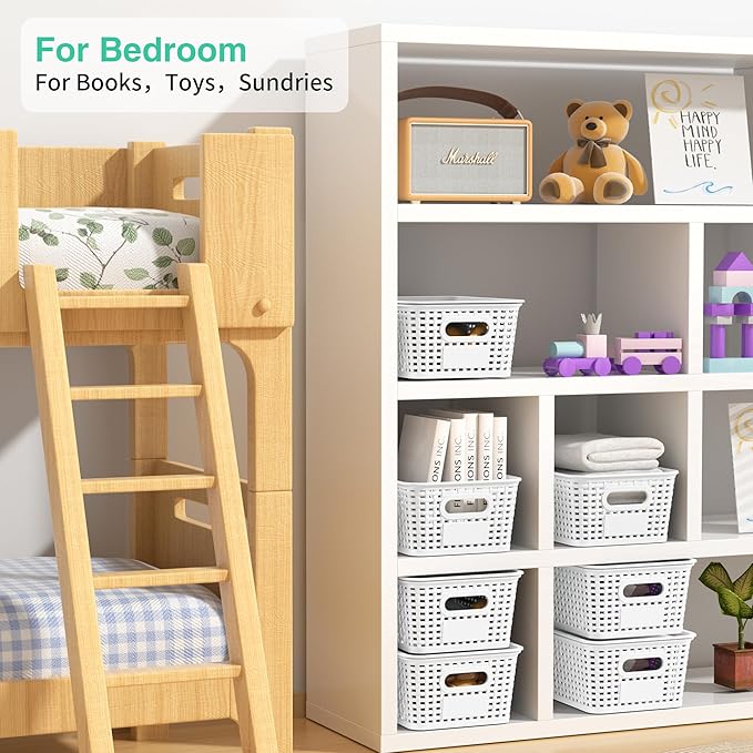 8-Pack White Plastic Storage Baskets with Lids, Label Organizers, Stackable Organizer Containers: For Organizing Shelves, Dra