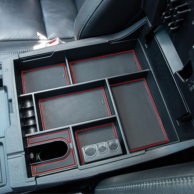 JKCOVER Compatible with Center Console Organizer Tray Toyota Tundra 2014 2015 2016 2017 2018 2019 2020 2021 Tundra Accessories,Insert ABS Black Materials Armrest Box Secondary Storage (RED Trim)
