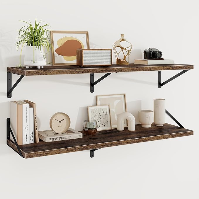 Floating Shelves, 12 Inch Deep Rustic Wood Wall Storage, 48W x 12D Wall Shelves Set of 2, Heavy Duty Metal Brackets, Large In
