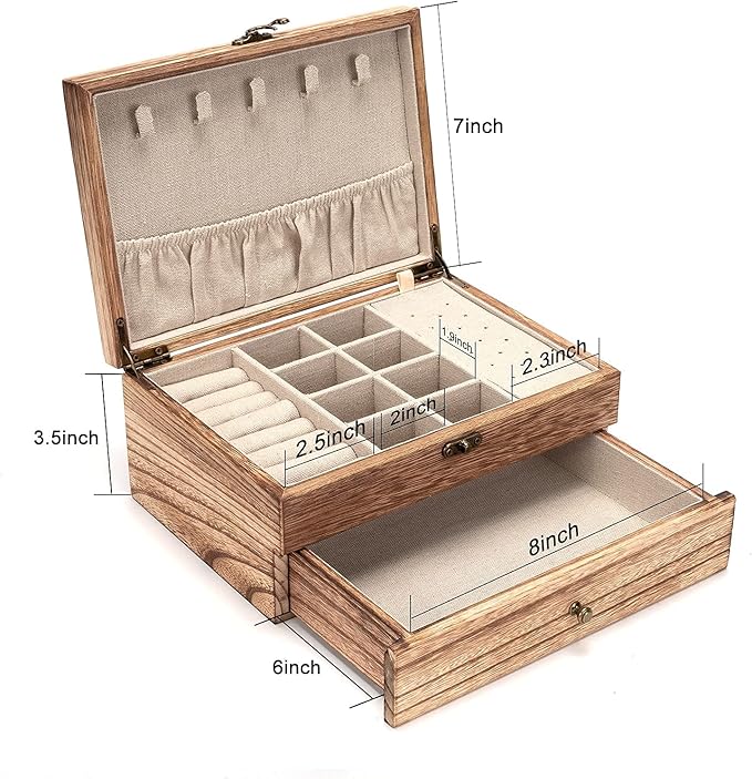 Pinzoveco Jewelry Box for Women, Rustic Wooden Jewelry Organizer Box for Storage Earrings Rings Necklace Bracelet, Farmhouse 