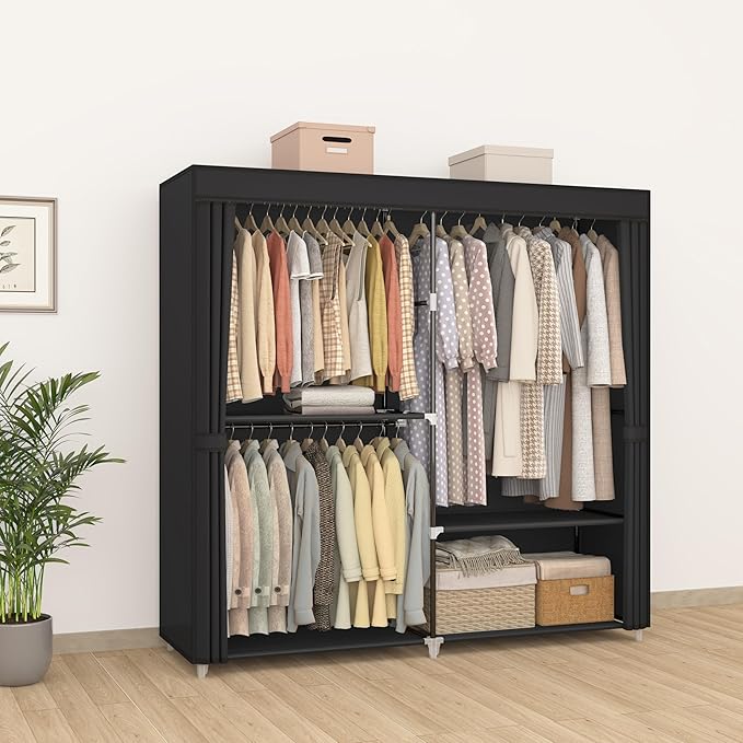 MOGELAFOO 62.5" Closet Wardrobe, Portable Closet for Bedroom, Freestanding Clothes Rack with Non-Woven Fabric Cover, 3 Hangin