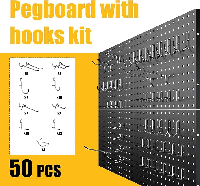 Spampur Peg Board, 4 Pack Metal Pegboard Panels with 50 Hooks, Black Pegboards Wall Organizer, Heavy Duty Peg Board for Walls