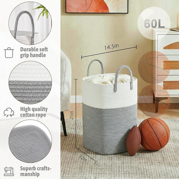 Laundry Basket,Woven Cotton Rope Laundry Hamper,Versatile Storage for Dirty Clothes,Baby Toys,and Blankets in Bathroom, Nurse