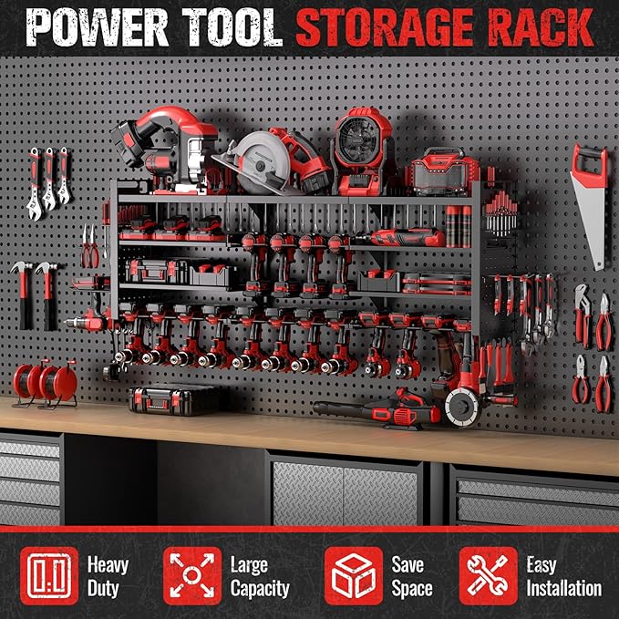 49.8" W Super Large Power Tool Organizer Wall Mount,4-Layer Heavy Duty Tool Storage with 18 Cordless Drill Holder,600 lb Capa