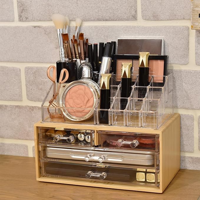 Ikee Design Bamboo Acrylic Makeup Organizer with 4 Drawers and Removable Top Lipstick Holders, Ideal for Make-up or Accessori