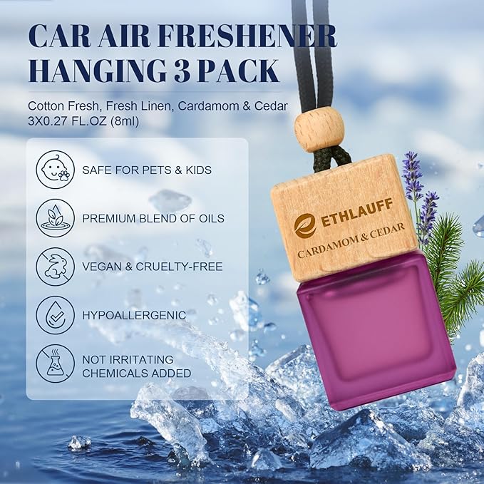 Car Air Freshener Hanging, 3 Pcs Cotton Fresh, Fresh Linen, Cardamom & Cedar, Car Scent Air Fresheners Diffuser for Car, 45+ 