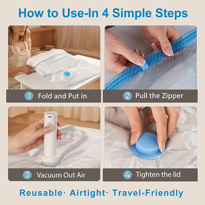 Vacuum Seal Bags for Clothing Travel, 12 Pack Vacuum Storage Bags for Clothes with Portable Electric Pump, Space Saver Bags f