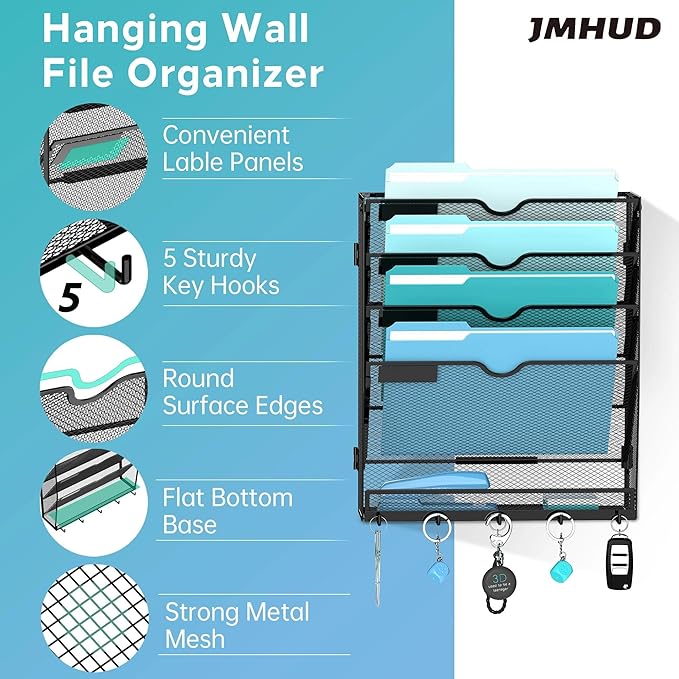 5 Tier Wall File Organizer - Hanging File Organizer with 5 Hooks, Mail Holder Wall Mounted for Papers, Folders, Magazines, Bi
