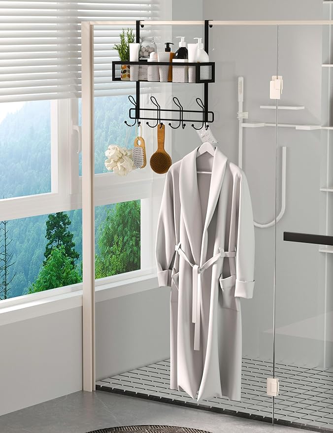 Over The Door Hooks Organizer Storage - Over The Door Hanger for Coat Rack, Storage with 12 Hook & 2 Mesh Baskets, for Bathro