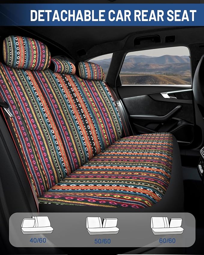 Baja Saddle Blanket Car Seat Covers Front Set, Washable Breathable Striped Woven Cloth Seat Covers for Cars, SUV, Truck, Airb