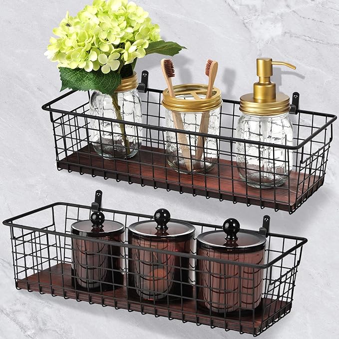 SheeChung 2 Set [Extra Large] Portable Metal Farmhouse Wall Decor Storage Organizer Basket Bin with Handles & Floating Shelve
