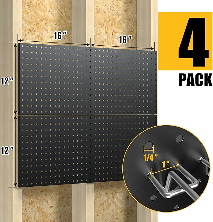 Spampur Peg Board, 4 Pack Metal Pegboard Panels with 50 Hooks, Black Pegboards Wall Organizer, Heavy Duty Peg Board for Walls