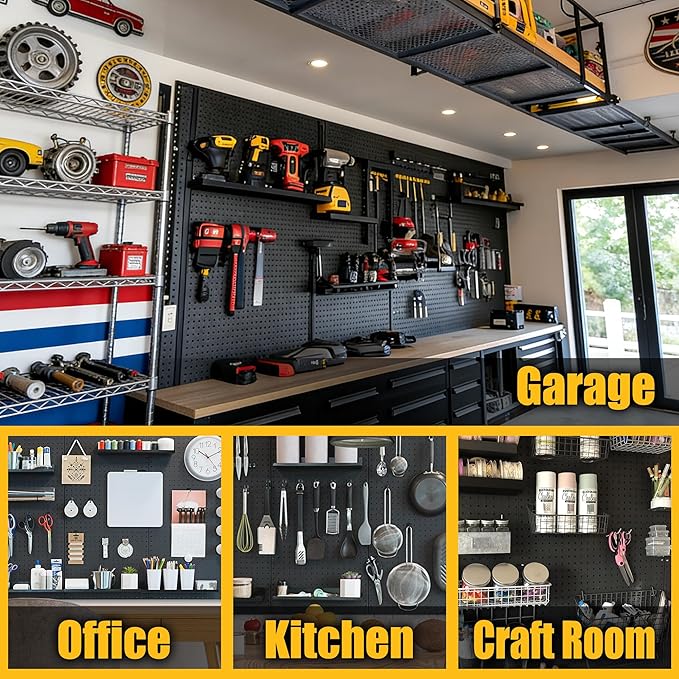 Spampur Peg Board, 6 Pack Metal Pegboard Panels Black Pegboards Wall Organizer with 50 Hooks, Heavy Duty Peg Board for Walls 