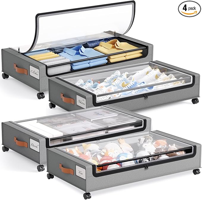 Yecaye 4 Pack Under Bed Storage with Wheels, Under Bed Storage Containers with Lids, Large Under Bed Rolling Storage with Cle