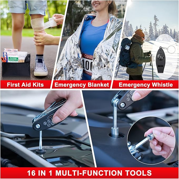 Car Roadside Emergency Kit - Car Emergency Kit with Jumper Cables, Tow Rope, Folding Shovel, Safety Hammer, Reflective Warnin