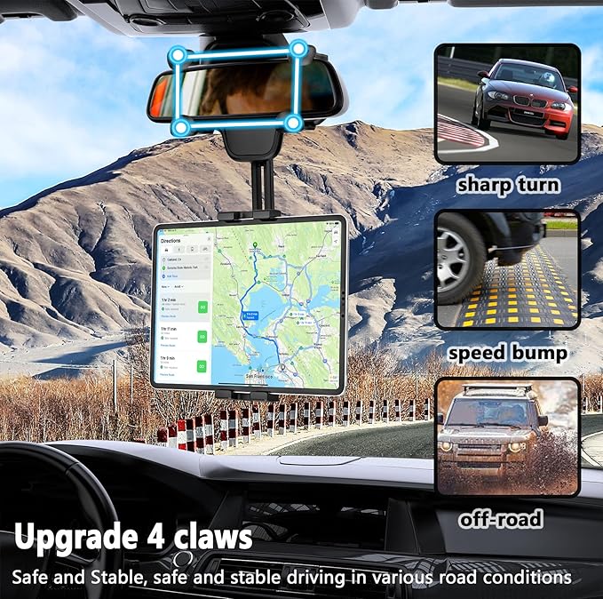 Rearview Mirror Tablet Mount for Car Truck [Rotatable & Retractable] Rear View Mirror Clip Phone Tablet Holder Upgraded 4 Corners for Pro Air Mini, Galaxy Tab, iPhone, 4-11" Devices