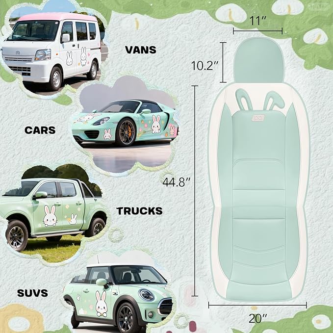 PIC AUTO Car Seat Covers, Cute Rabbit Premium Green Leather Seat Covers, Universal Fit Front Seat Covers for Cars, Trucks, SU