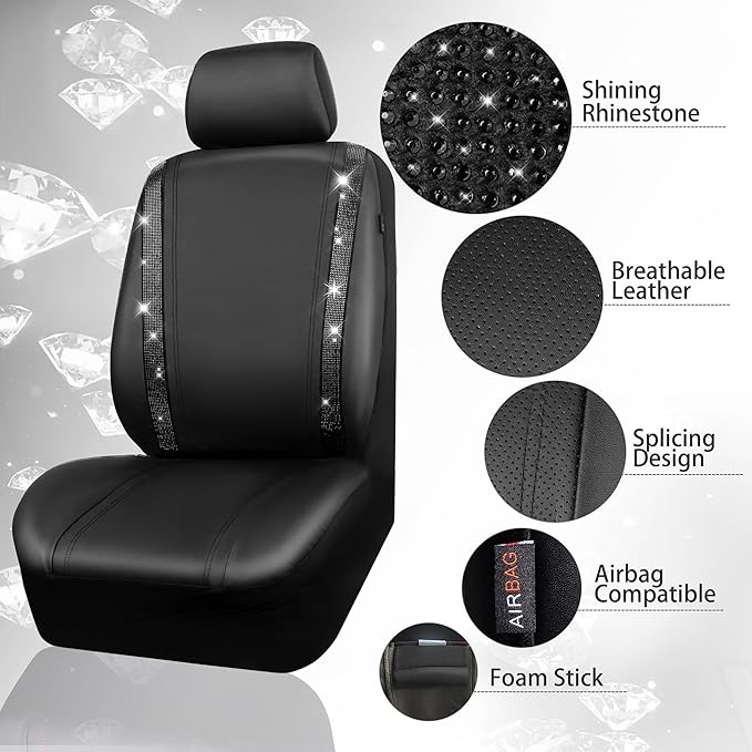 CAR PASS Leather Bling Seat Covers Full Sets 16 pcs, Bling Diamond Car Accessories Set for Women, Sparkly Rhinestone Steering